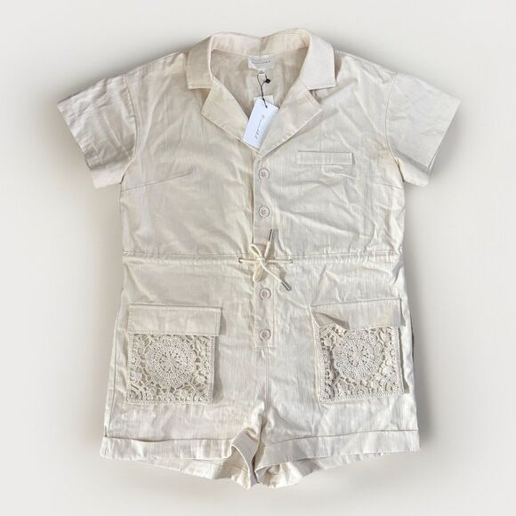 Line And Dot Romper Womens Size Medium Cream Boho Shortalls Short Sleeve NWT - Picture 2 of 7